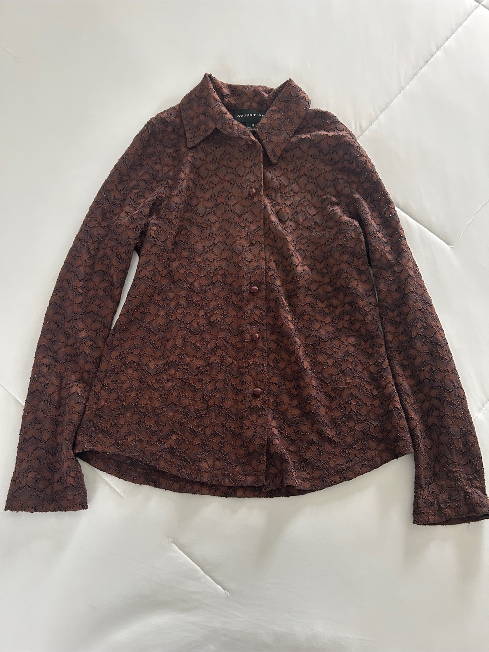 august silk brown lace-overlay button-up blazer jacket